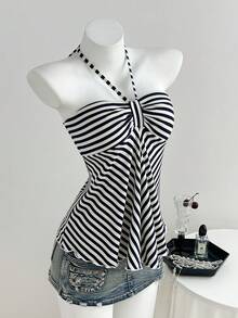 Elamini Women's Gray Striped Casual Sleeveless Halter Top, Versatile New Style, Spring/Autumn - Navy Blue - View 3