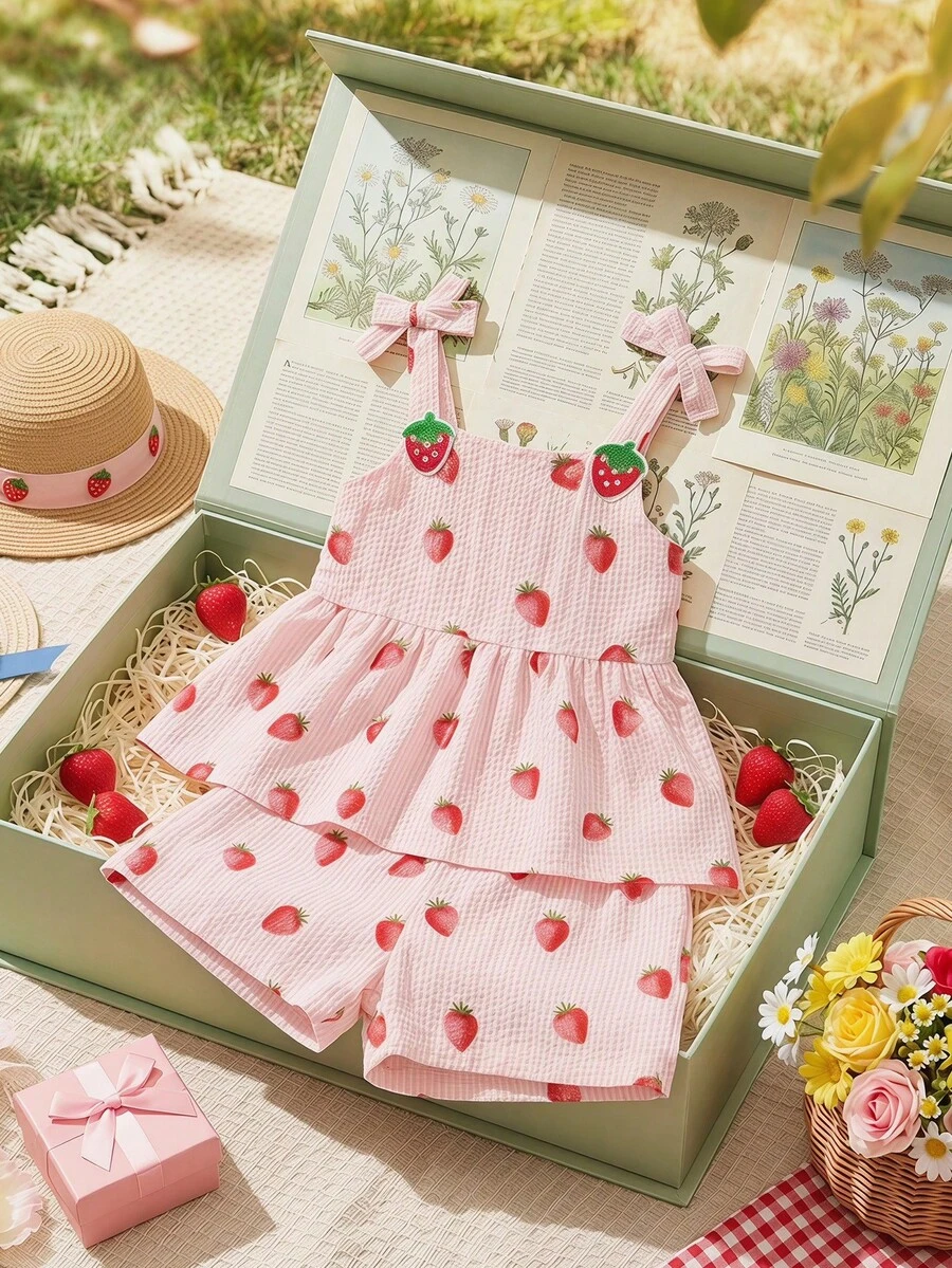 Souflis Souflis 2件套女婴幼儿/新生儿0-3岁休闲可爱草莓印花吊带背心和短裤套装，适合外出、上学、玩耍和其他场合，春夏款
