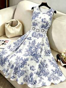 CURVE Vestido maxi de mujer talla grande con estampado floral azul y blanco de estilo chinoiserie, sin mangas, cuello redondo, con encaje calado y volantes en la línea A, vintage casual, para ir al trabajo, playa y uso diario, nueva llegada de verano - Azul y blanco - Ver 6