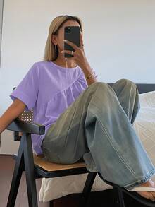 DAZY 女士纯色宽松短袖圆领褶皱休闲度假夏季上衣 - 紫色 - 查看 6