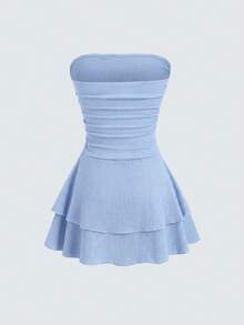 Sweetra Women's New Minimalist Cute Solid Color Strapless Knit Mini Dress, Multi-Layer Cake Dress Vacation Light Blue Summer - Baby Blue - View 2