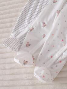 [2pcs/Set] Newborn Soft & Comfortable Romper Pajamas, Heart & Floral Print, Short Sleeve Footed Design - Multicolor - View 4
