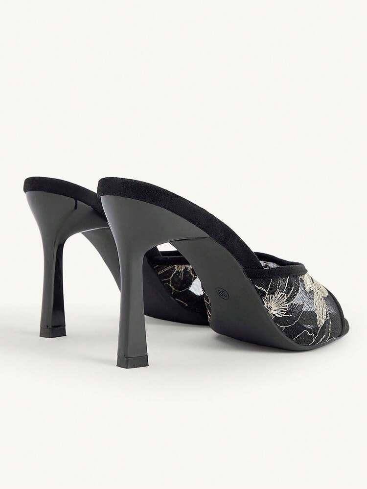 CUCCOO CHICEST Mesh Gold Thread Embroidery Pointed One-Word Drag Thin Heel Sandals, Outer Wear, National Style High Heels