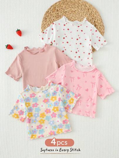 Cozy Pixies 4pcs Baby Girl Floral Print Soft Knit Round Neck Short Sleeve Ruffle Hem Pullover Top Set