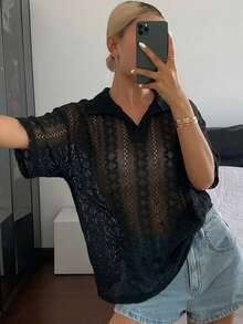DAZY 女款蕾絲紋理寬鬆套頭休閒襯衫，翻領設計，夏季款 - 黑色 - 查看 4