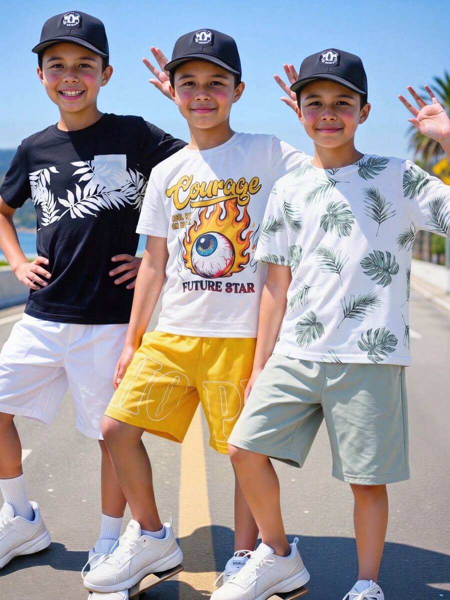 SHEIN 2件組兒童青少年男孩白色夏季街頭風城市度假休閒大字母印花圓領寬鬆短袖T恤與黃色短褲套裝，運動休閒服