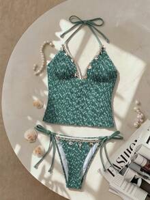 Elavelle Áo bikini hai dây mảnh, chất liệu jacquard, viền vỏ sò, dành cho nữ, mùa xuân/hè. - Màu xanh ngọc - Xem 5