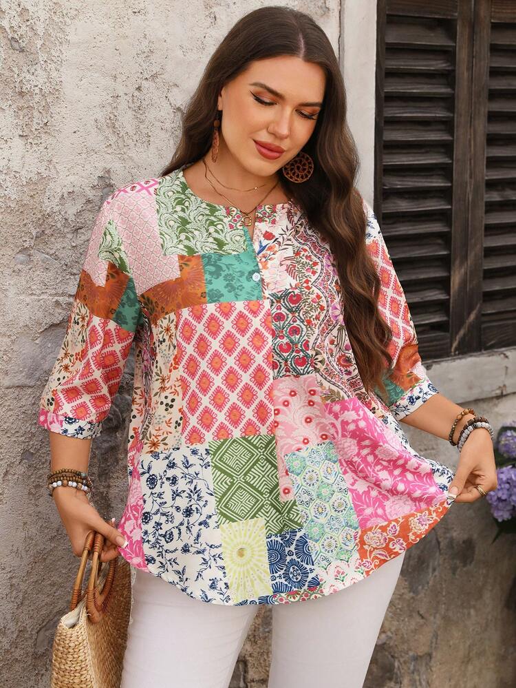 Plus Size Women Spring/Summer Fashion Vacation Style Patchwork Print 3/4 Sleeve Loose Blouse