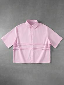 ROMWE MEN Street Life 男士时尚纯色系带衬衫 - 粉色 - 查看 9