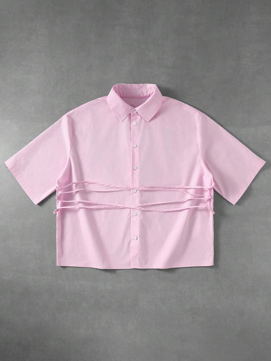 ROMWE MEN Street Life Men's Fashionable Solid Color Tie-Up Belt Shirt - Pink - View 1