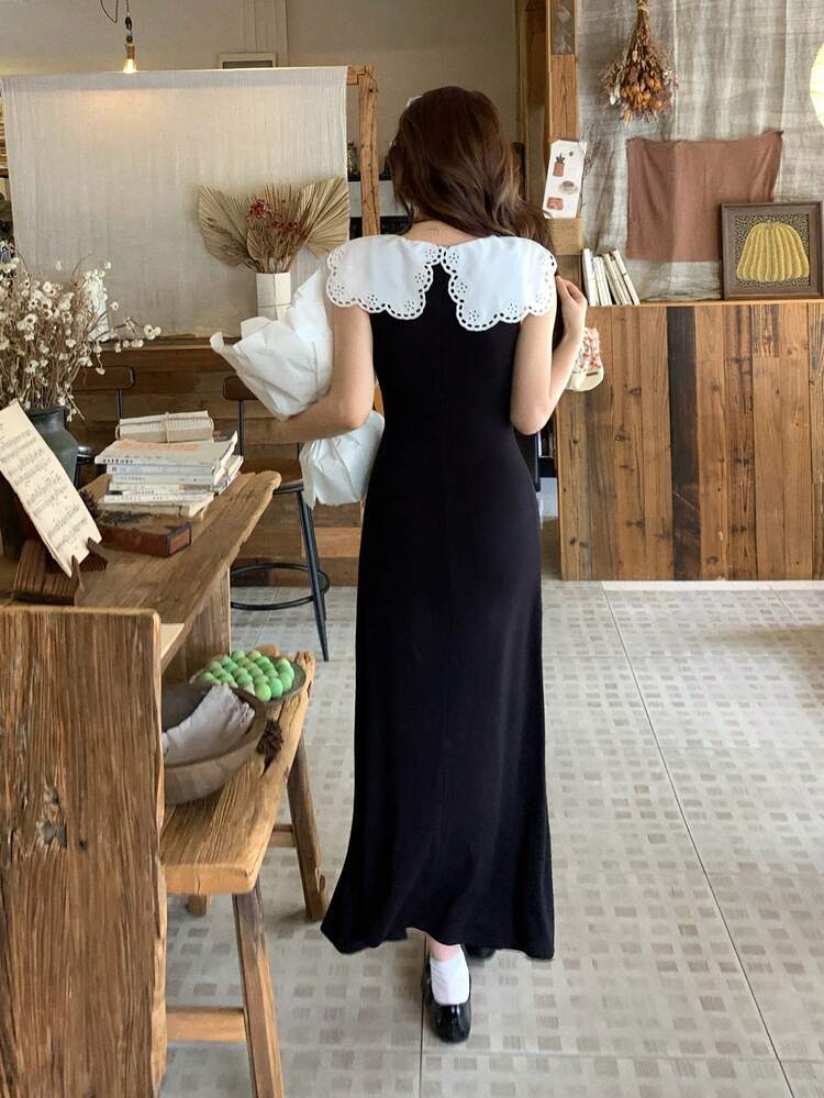 Women's Contrast Color Korean Style Ruffle Hem Sleeveless Elegant Dress