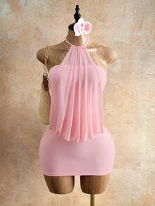 Mistrie Light Pink Halter Neck Mesh Covered Bodycon Mini Dress For Vacation Boho Sexy Tech Summer Party Party Night Club Night Out Outfit, Dress, Mini Dress - Multicolor - View 4