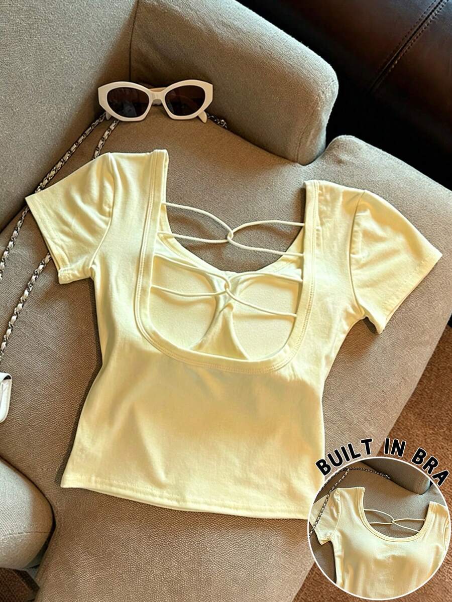 Franclia Hollow Out Backless Padded Solid Color Short Sleeve T-Shirt, Summer - Yellow - View 1