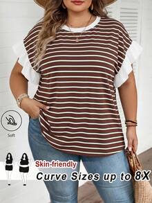 SHEIN CURVE+ 大尺碼女款新款度假休閒通勤上班條紋拼接荷葉邊短袖T恤 - 棕色 - 查看 1