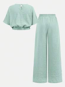 Firerie Kids Tween Girls Fashion Vacation Casual Solid Color Round Neck Loose Short Sleeve Top + Long Pants 2 Pieces Set - Mint Green - View 2