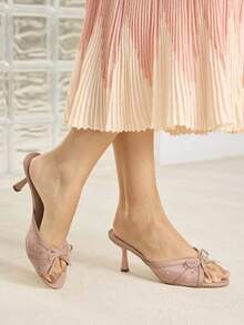 MOTF PREMIUM RHINESTONE BOW DECOR ROUND TOE HEELED SANDALS SUMMER SHOES - Pink - View 6