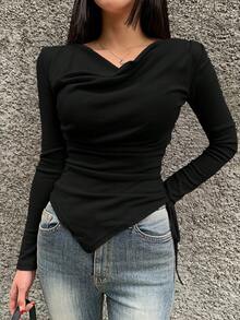 DAZY Women's Solid Color Draped Collar Asymmetrical Hem T-Shirt With Drawstring On The Side Long Sleeve Women Tops - Black - View 2