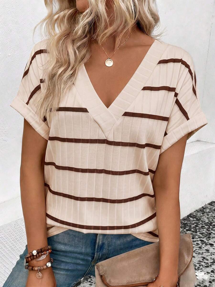 SHEIN LUNE Women's Spring/Summer New Arrival Striped & Printed V-Neck Short Sleeve Casual Versatile T-Shirt - Multicolor - View 1