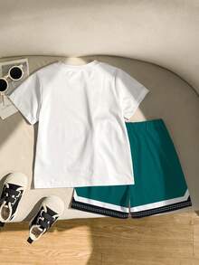Boys' Summer Sports Set,White Casual Graphic Football Player Print T-Shirt & Shorts 2pcs,Toddler Vacation Training Outfit,Children Round Neck Jersey - Multicolor - View 2