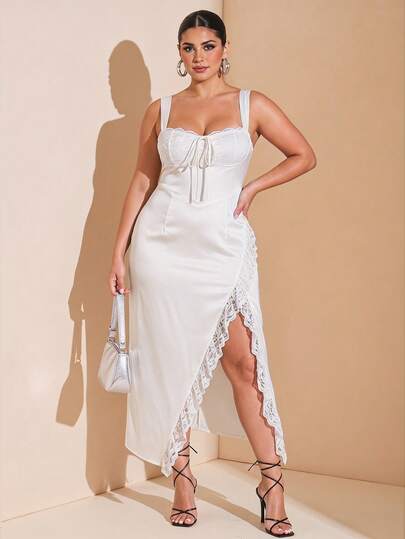SHEIN BAE Plus Size Lace Bodice Floral Trim Tie Strap Dress