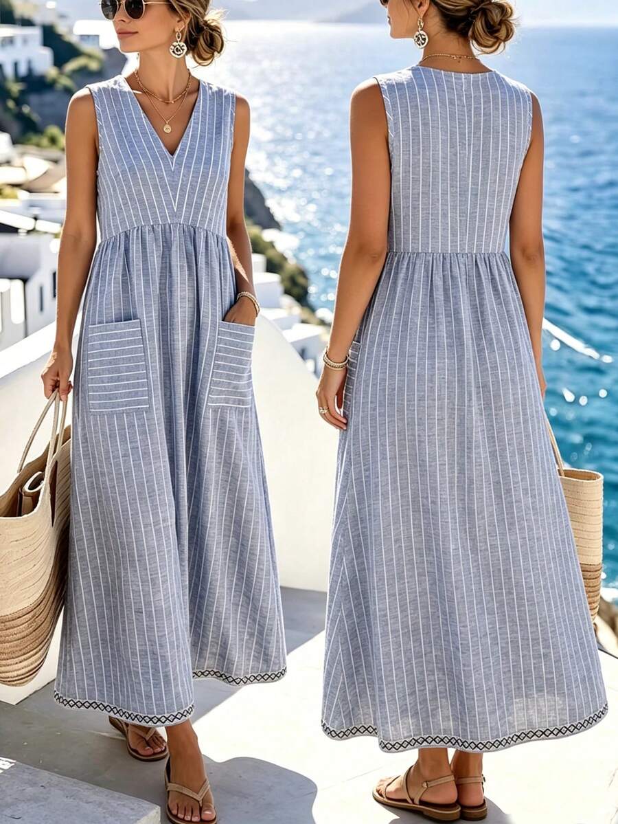Hotletica Women's V-Neck Striped Ruched Pocket Casual Party Dress - Blue and White - View 1