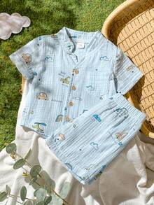 SHEIN Vintaside Kids 2件套幼儿植物图案短袖上衣和松紧腰短裤套装，儿童服装，婴儿套装，婴儿上衣，婴儿短裤，6个月-3岁 - 藍色 - 查看 6