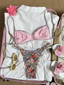 Swim Mod 2Pcs Swimsuit Set,Beige Summer Boho Beach Vacation Holiday Holiday Random Floral Print Halter Bikini Top And Side Tie Bikini Bottom Swimwear - Multicolor - View 2