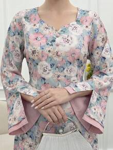Yasmyna Vestido de estilo árabe con estampado floral, manga larga y diseño de botones para mujer - Multicolor - Ver 1