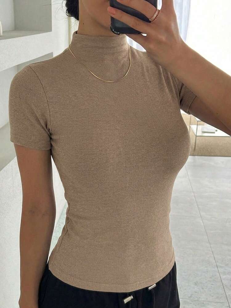 Women's Simple Solid Color Turtleneck Fitted Undershirt, Summer