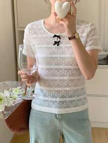 DAZY Women's Summer Round Neck Textured Fabric Contrast Color Bow Decor Casual Pullover T-Shirt - White - View 1