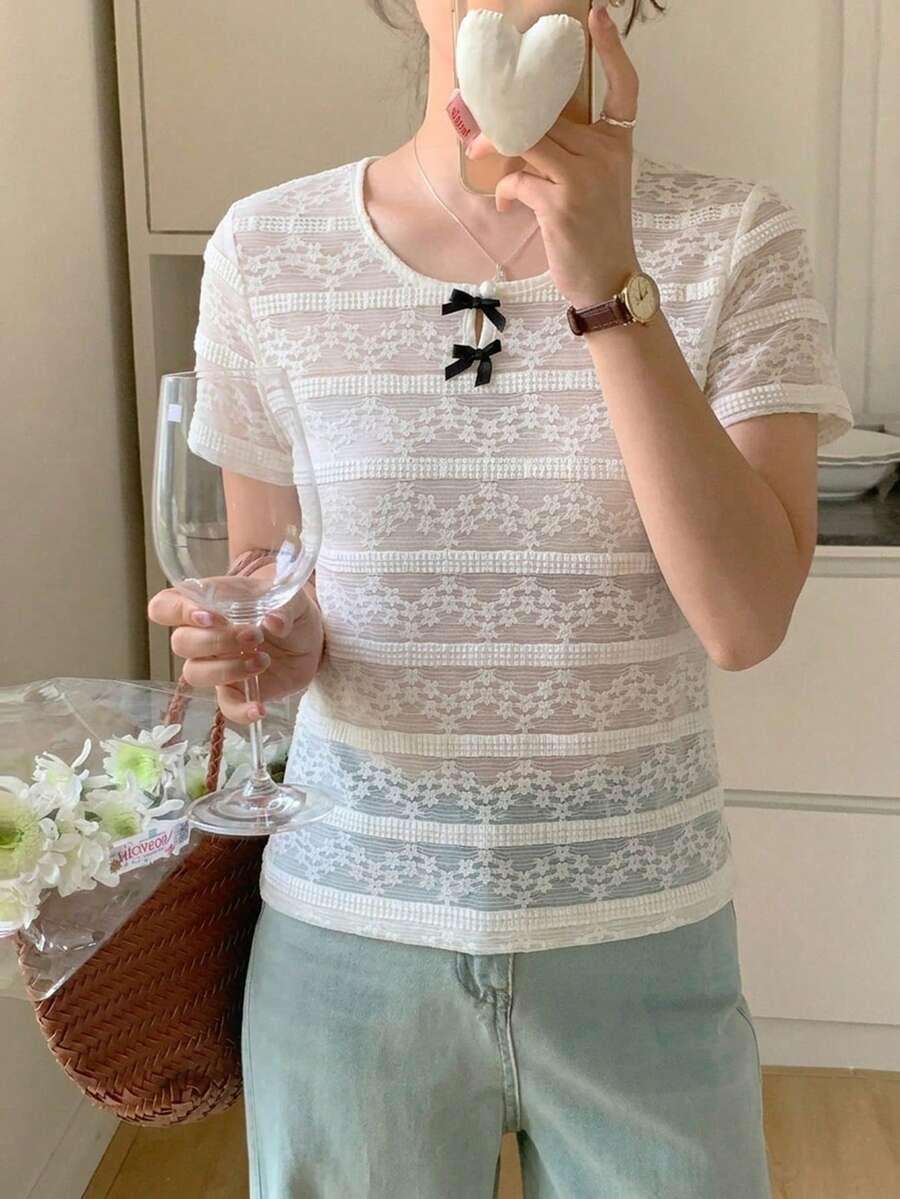 DAZY Women's Summer Round Neck Textured Fabric Contrast Color Bow Decor Casual Pullover T-Shirt - White - View 1