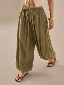 SHEIN PETITE 2026 Women's Spring/Summer Resort Collection: Elegant Olive Green Loose-Fit Bell-Bottom Pants. - Army Green - View 9