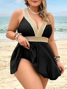 Swim Lushoire Plus Size Women 2pcs Solid Color Strap Patchwork Sexy Beach Beach Vacation Resort Bikini Swimsuit Summer - Black - View 6