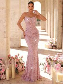 Glamrae Elegant Luxurious Beaded Sequin Ruched Mermaid Hem Dress, Suitable For Weddings, Parties, Vacations, Galas, Formal Occasions (Heavily Embellished) - Dusty Pink - View 6
