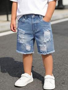 SHEIN 男童牛仔短褲，夏季新品，休閒學院風，淺藍色水洗牛仔色，彈性腰圍破洞毛邊經典牛仔七分褲，百搭街頭風男童膝蓋長短褲，適合日常穿著、上學、通勤、暑假、居家、戶外等多種場合 - 淺色水洗藍 - 查看 9