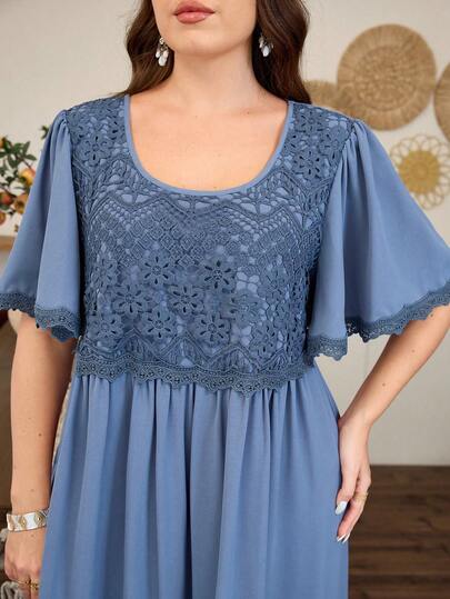 Lacomfia Mist Blue Lace Patchwork Floral Trim Short Sleeve Dress, Elegant Casual Everyday Versatile Flattering Plus Size