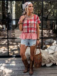 LanaWest Women's Western Casual Red Plaid V-Neck Short Sleeve Hem Patchwork Pink Plaid Ruffle Hem A-Line Loose Multicolor Shirt, Spring/Summer - Multicolor - View 2