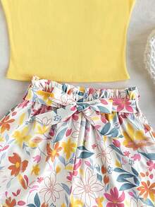 SHEIN Tween Girl Solid Yellow Tank Top With Flower Printed Paper Bag Shorts 2-Piece Set, Summer Outfit, Vacation Beach Outfit - Yellow - View 6