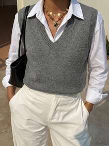 DAZY Solid V-Neck Sweater Vest Without Blouse,Fall Clothes - Grey - View 9