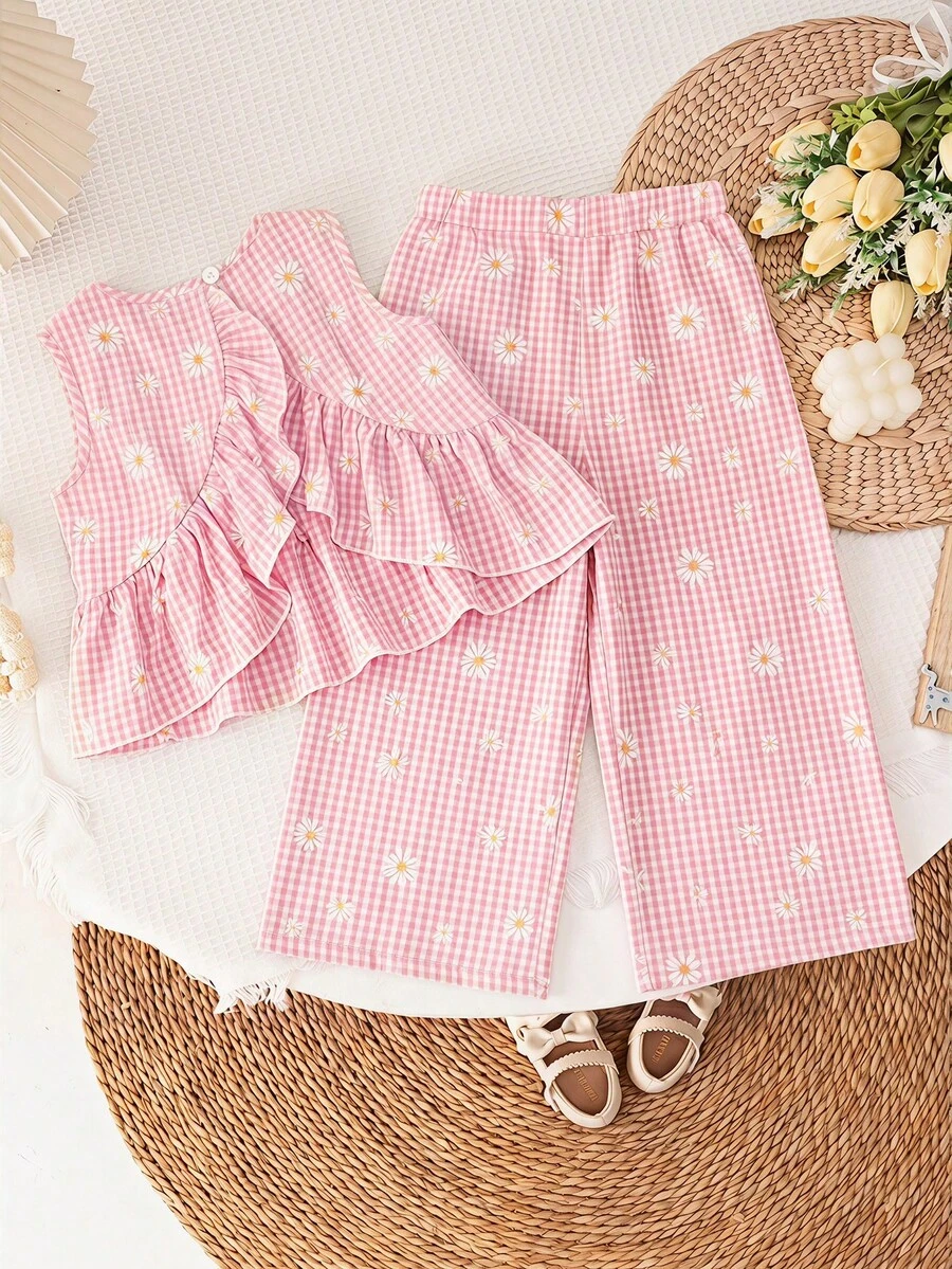 SHEIN LMoss Kids LMoss 女童纯色圆领宽松休闲上衣长裤套装,夏季 - 粉色 - 查看 1
