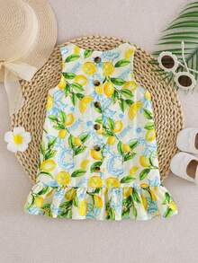 SHEIN Đầm không tay thời trang mùa hè cho bé gái, kiểu dáng thoải mái, in hình quả chanh và cây xanh, thích hợp mặc đi biển. - Màu vàng - Xem 2