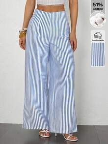 Pantalones de pierna ancha de textura de cintura alta, de estilo casual y sencillo, apropiados para ir a la escuela o para ir y venir al trabajo - Azul - Ver 9