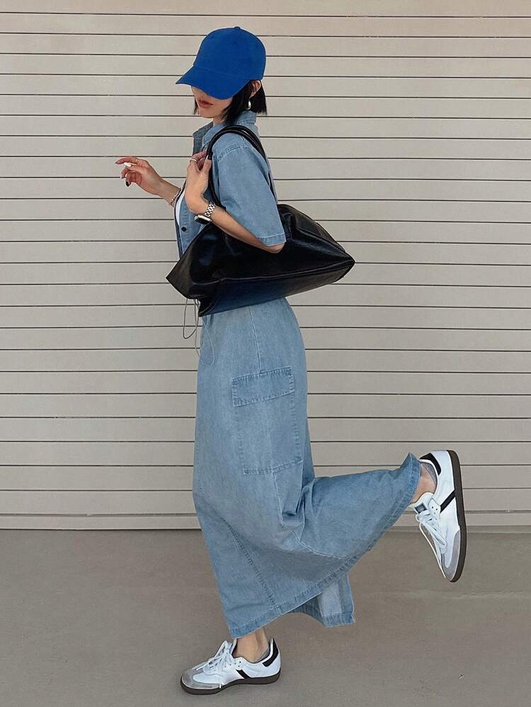 Women's Casual Loose Solid Color Short Sleeve Shirt And Straight Long Skirt Denim Suit, Summer Vacation