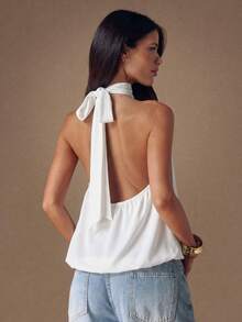 SHEIN BAE Áo croptop nữ 100% cotton màu trắng hở lưng cổ yếm gợi cảm - Hoàn hảo cho các lễ hội âm nhạc, kỳ nghỉ, đám cưới, khách mời đám cưới, hẹn hò lãng mạn, lễ hội miền Tây, kỳ nghỉ hè trên bãi biển, v.v. - trắng - Xem 3