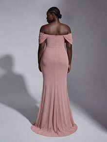 Elitara Große Größen elegantes luxuriöses rosa Mesh-Kleid, Off-Shoulder, Raffung und Meerjungfrauenschnitt, geeignet für Hochzeiten, formelle Anlässe, Brautmutterkleid - Altrosa - Übersicht 4