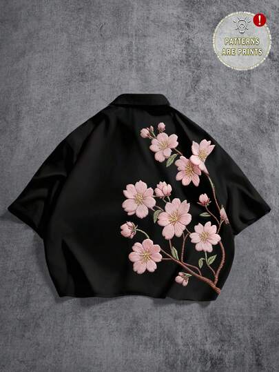 Manfinity ZONE917 Boxy Cropped Loose Faux Embroidered Pink Sakura Floral Print Short Sleeve Shirt, Suitable For Spring & Summer, Great Gift For Friends