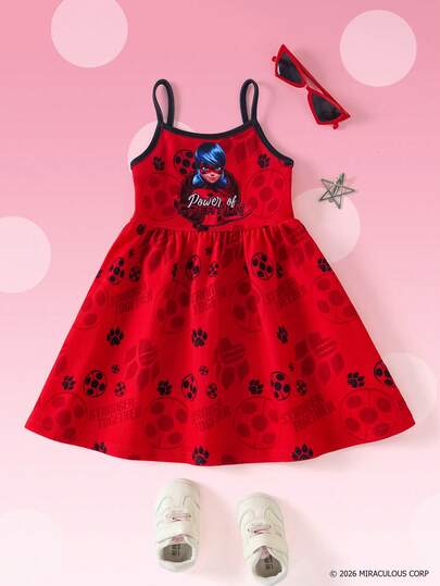 Miraculous Ladybug X SHEIN ชุดเดรสสายเดี่ยวลายการ์ตูนสำหรับเด็กผู้หญิง