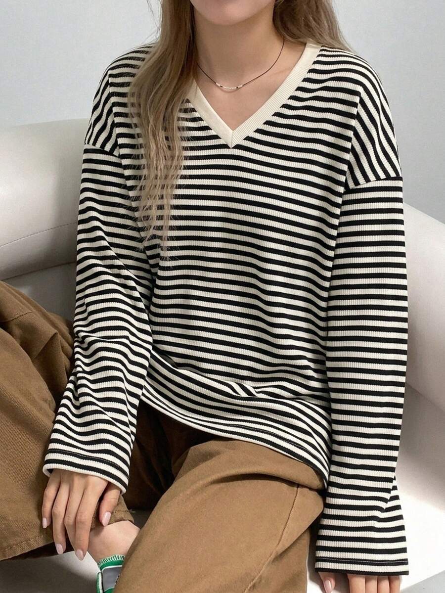 DAZY 女士休闲条纹长袖和短袖T恤 - 黑與白 - 查看 1
