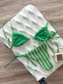 Swim SXY 女士蓝白条纹提花面料细肩带金属装饰比基尼套装，春夏款 - 彩色 - 查看 3