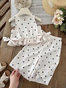 SHEIN Set Atasan Bandeau Motif Hati dan Celana Kasual untuk Bayi Perempuan - MultiWarna - View 4